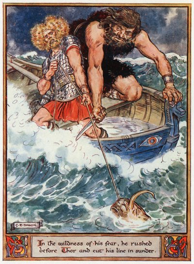 „W dzikim strachu rzucił się przed Thora i przeciął swoją linię”, ilustracja z „Bohaterowie Asgardu, opowieści z mitologii skandynawskiej”, autorstwa A und E Keary, 1930 autorstwa Charles Edmund Brock